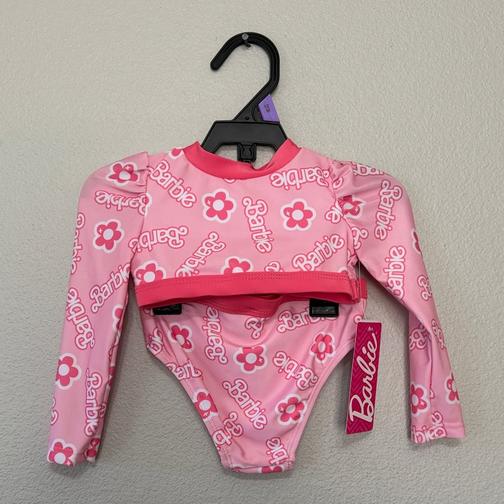 New Pink Barbie 2 Piece Swimsuit Size 12‎ Mo Long Sleeve Eco Friendly Lining